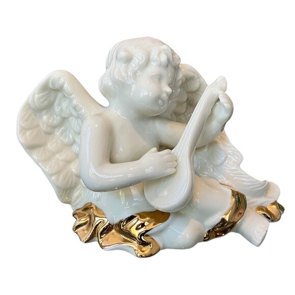 VTG Porcelain White Cherub Angel 24K Gold Sash Playing Harp Sculpture/ Figurine - Picture 11 of 14